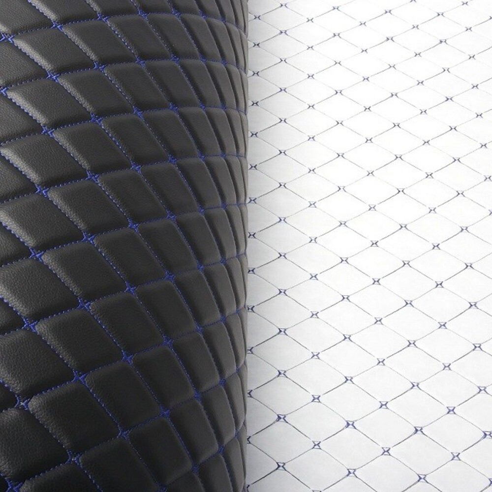 Кожа пвх ромб со стяжком на поролоне 5 мм, самоклейка, цвет черный нитка синяя, высота 1,43 м, длина 10м Кожа пвх ромб со стяжком на поролоне 5 мм, самоклейка, цвет черный нитка синяя, высота 1,43 м, длина 10м