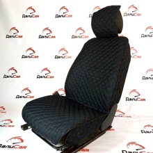 Комплект накидок на весь салон LEX PLUS 3D лен стежка ромб, закрытые бока, цвет черный, строчка синяя, кант черный