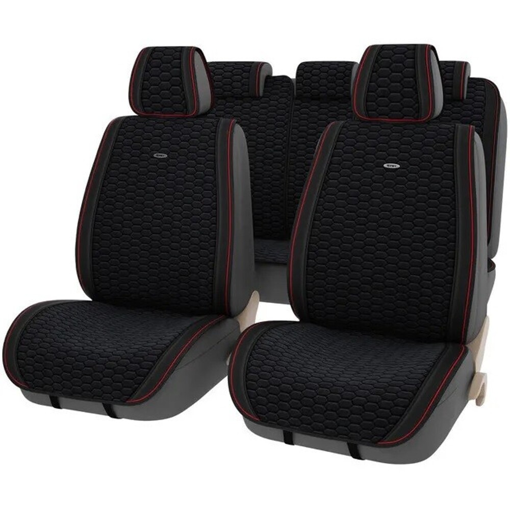 Комплект накидок на весь салон HORNET PLUS, цвет черный, строчка черная, кант красный Комплект накидок на весь салон HORNET PLUS, цвет черный, строчка черная, кант красный