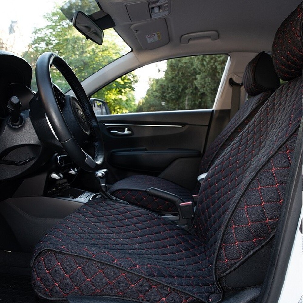 Комплект накидок на передние сиденья LIGHT 2 FRONT, материал лен, закрытые бока, цвет черный, строчка красная, кант черный Комплект накидок на передние сиденья LIGHT 2 FRONT, материал лен, закрытые бока, цвет черный, строчка красная, кант черный