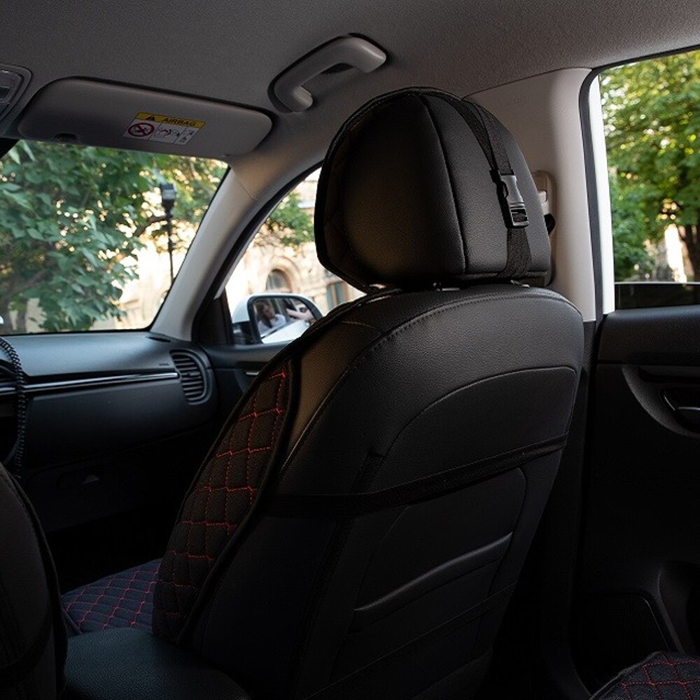 Комплект накидок на весь салон LIGHT PLUS, материал лен, закрытые бока, цвет черный, строчка красная, кант черный Комплект накидок на весь салон LIGHT PLUS, материал лен, закрытые бока, цвет черный, строчка красная, кант черный