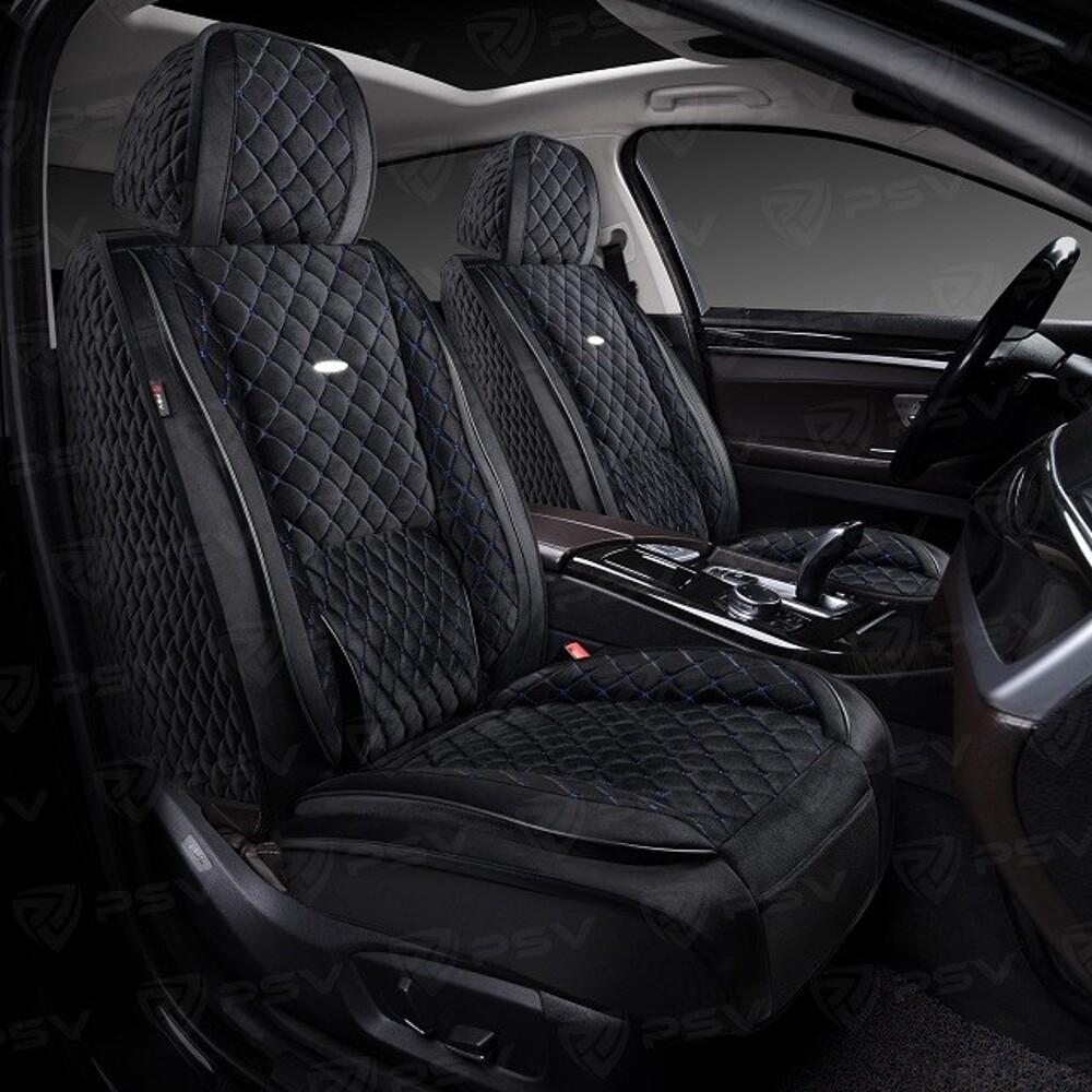 Комплект накидок на весь салон форма 5d favorit velur, материал велюр, цвет черный, вставка черная, строчка синяя Комплект накидок на весь салон форма 5d favorit velur, материал велюр, цвет черный, вставка черная, строчка синяя
