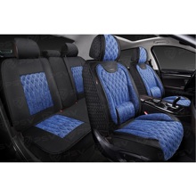 Комплект накидок на весь салон форма 5d galant velvet skin, материал вельвет+ мокрая кожа, цвет черный, вставка синяя, строчка белая