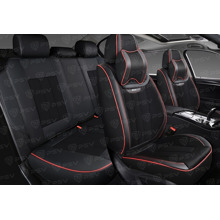 Комплект накидок на весь салон 5D Continental PLUS, ЭкоКожа + текстильная вставка, цвет черный, строчка красная, подушки в комплекте