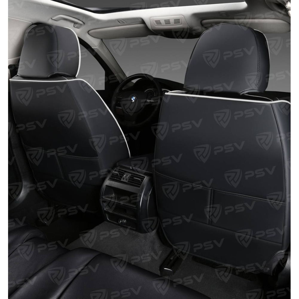 Комплект накидок на весь салон 5D Exclusive PLUS, ЭкоКожа, цвет черный, строчка белая, кант белый, подушки в комплекте Комплект накидок на весь салон 5D Exclusive PLUS, ЭкоКожа, цвет черный, строчка белая, кант белый, подушки в комплекте