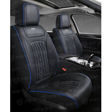 Комплект накидок на весь салон 5D Exclusive PLUS, ЭкоКожа, цвет черный, строчка синяя, кант синий, подушки в комплекте