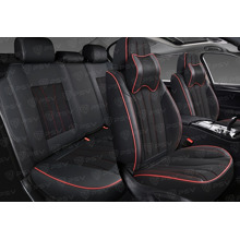 Комплект накидок на весь салон 5D Wonder PLUS, ЭкоКожа + текстильная вставка, цвет черный, строчка красная, подушки в комплекте