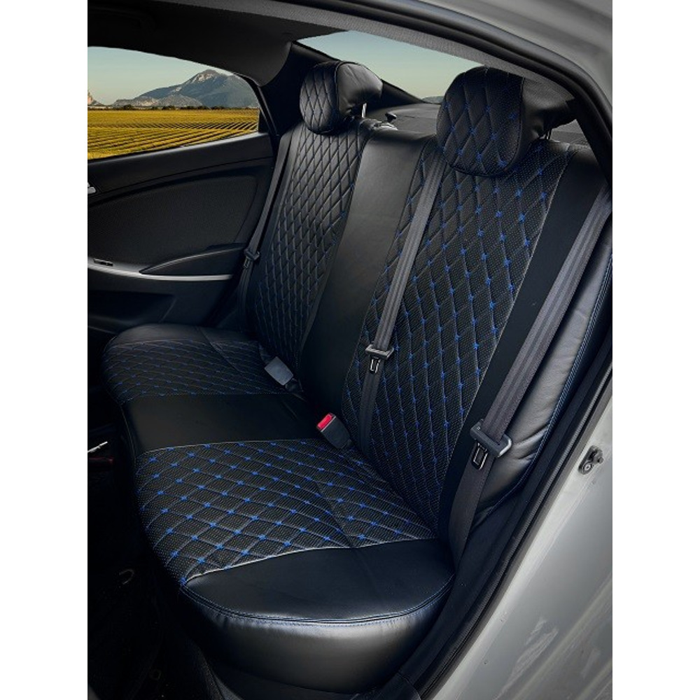Комплект чехлов на весь салон для ваз - 2170 седан 2007-2013, Экокожа, ромб, цвет черный/черный/синий Комплект чехлов на весь салон для ваз - 2170 седан 2007-2013, Экокожа, ромб, цвет черный/черный/синий
