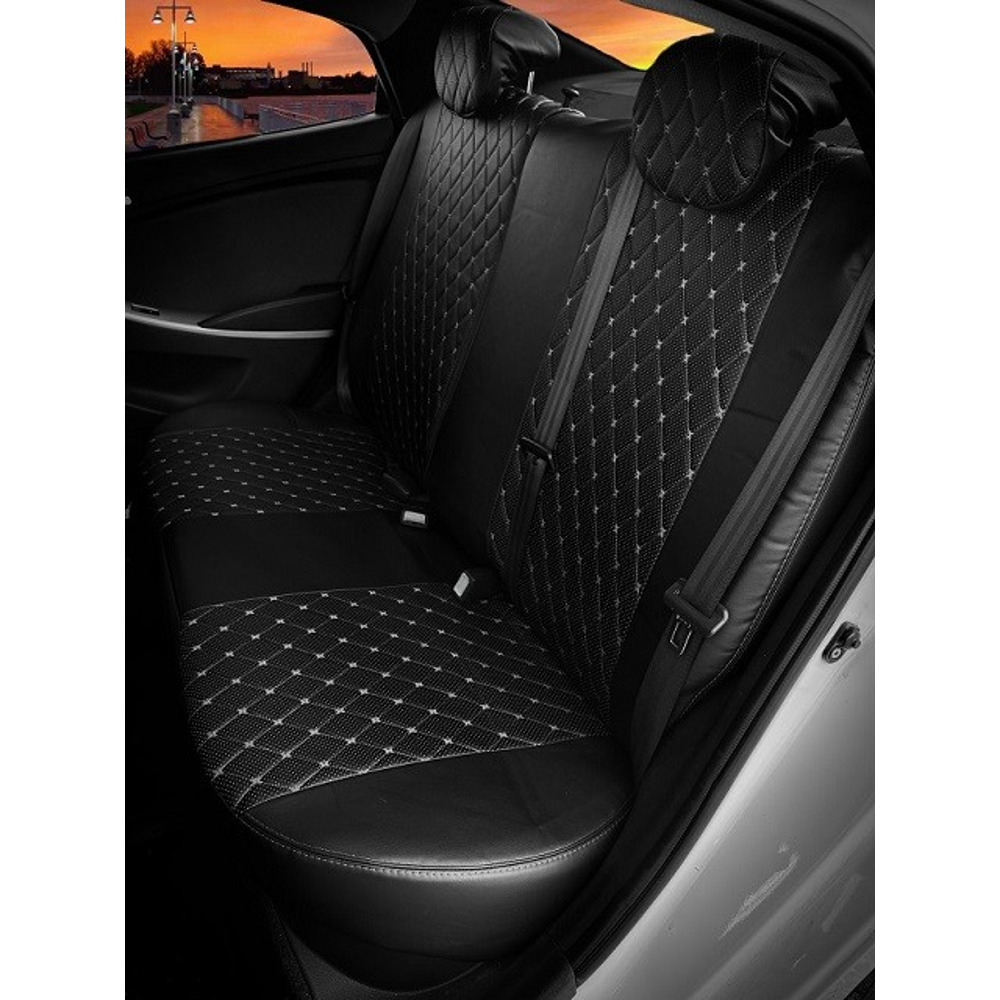 Комплект чехлов на весь салон для ваз - 2170-2 седан с 2013г., Экокожа, ромб, цвет черный/черный/белый Комплект чехлов на весь салон для ваз - 2170-2 седан с 2013г., Экокожа, ромб, цвет черный/черный/белый