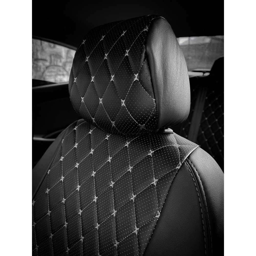 Комплект чехлов на весь салон для ваз - 2170-2 седан с 2013г., Экокожа, ромб, цвет черный/черный/белый Комплект чехлов на весь салон для ваз - 2170-2 седан с 2013г., Экокожа, ромб, цвет черный/черный/белый