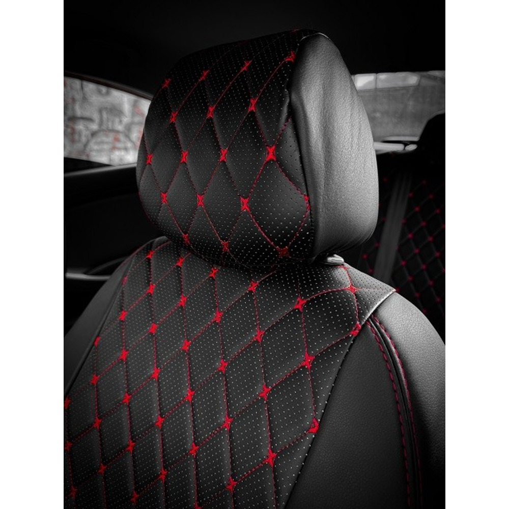 Комплект чехлов на весь салон для ваз - 2190 гранта цзс, экокожа, ромб, цвет чёрный/чёрный/красный Комплект чехлов на весь салон для ваз - 2190 гранта цзс, экокожа, ромб, цвет чёрный/чёрный/красный