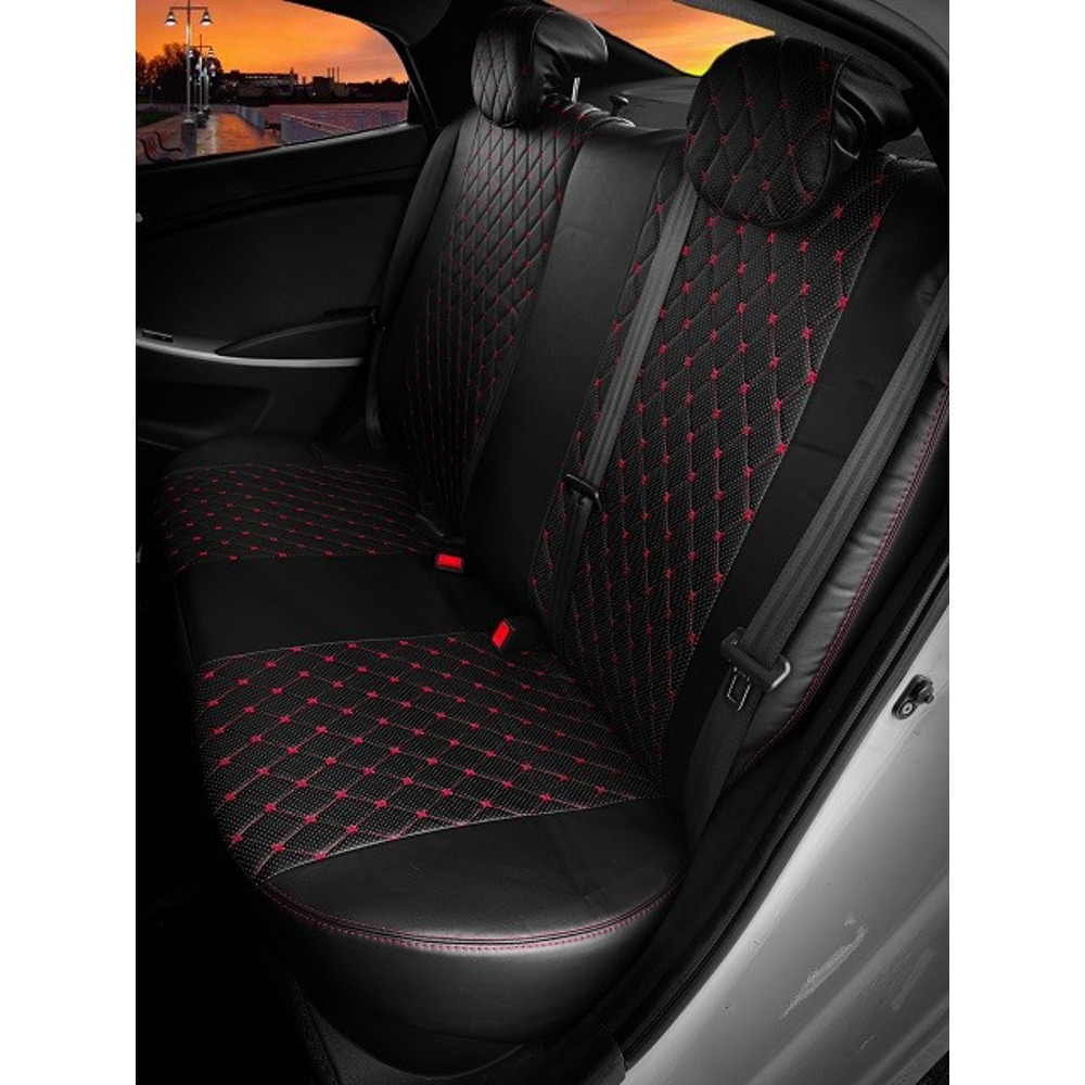 Комплект чехлов на весь салон для ваз - 2190 гранта FL норма с 08.2018 цзс, экокожа, ромб, цвет чёрный/чёрный/красный Комплект чехлов на весь салон для ваз - 2190 гранта FL норма с 08.2018 цзс, экокожа, ромб, цвет чёрный/чёрный/красный