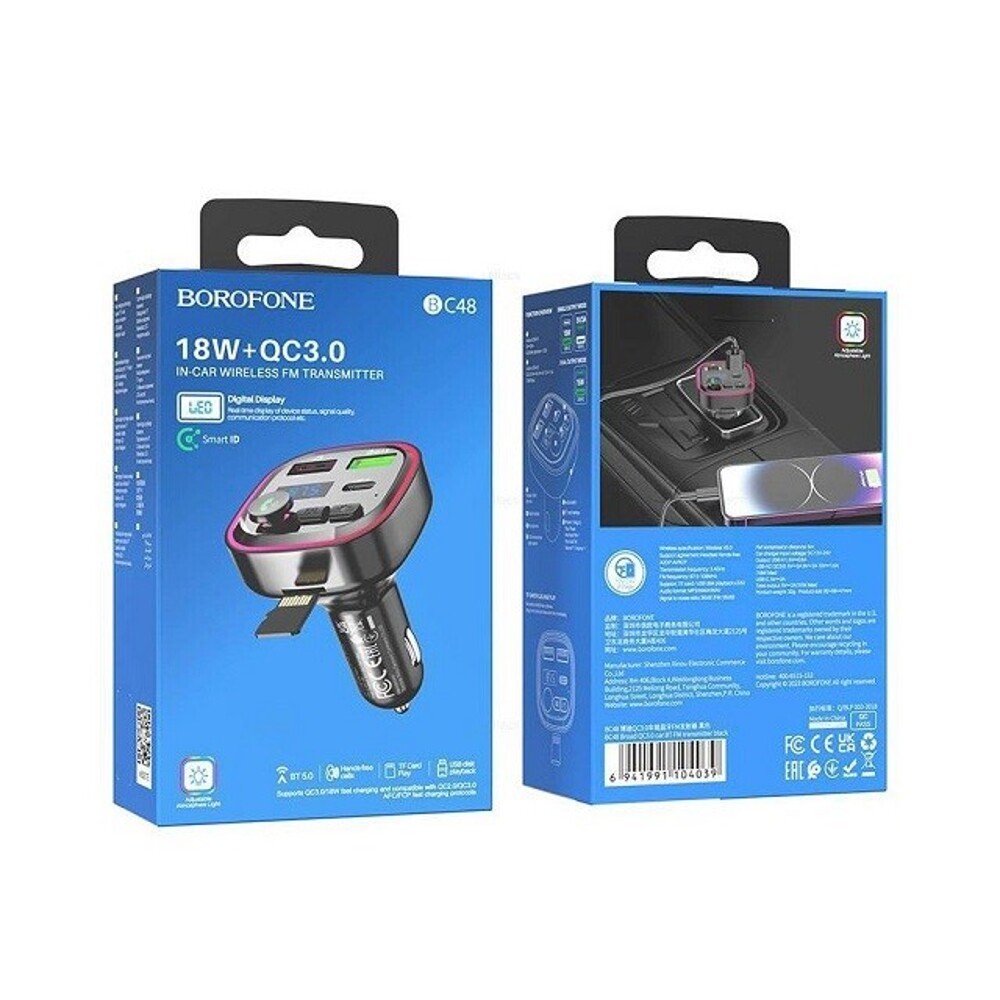 FM-Модулятор Bluetooth + 2 USB выхода на зарядку 3.1 A,Type-C, BC48 подсветка, цвет черный FM-Модулятор Bluetooth + 2 USB выхода на зарядку 3.1 A,Type-C, BC48 подсветка, цвет черный