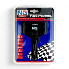 Разветвитель прикуривателя 2 гнезда + 2 USB, 12/24В