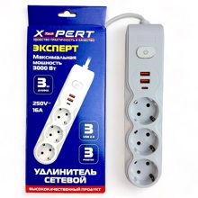 Сетевой фильтр, 3 розетки + 2 USB + 1 TYPE-C, 250 V, 16A, 3 метра, цвет белый