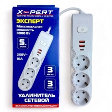 Сетевой фильтр, 3 розетки + 2 USB + 1 TYPE-C, 250 V, 16A, 5 метров, цвет белый