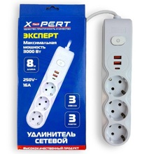 Сетевой фильтр, 3 розетки + 2 USB + 1 TYPE-C, 250 V, 16A, 8 метров, цвет белый