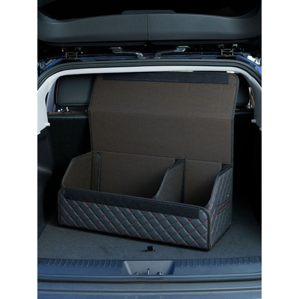 Сумка органайзер в багажник на липучке из эко-кожи, цвет черный с красной строчкой ромб, черный кант (размеры 70*30*30 см) Сумка органайзер в багажник на липучке из эко-кожи, цвет черный с красной строчкой ромб, черный кант (размеры 70*30*30 см)