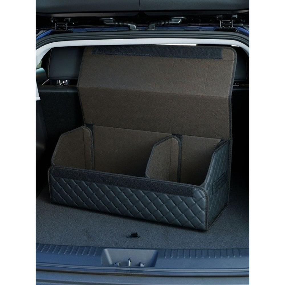 Сумка органайзер в багажник на липучке из эко-кожи, цвет черный с черной строчкой ромб, черный кант (размеры 70*30*30 см) Сумка органайзер в багажник на липучке из эко-кожи, цвет черный с черной строчкой ромб, черный кант (размеры 70*30*30 см)