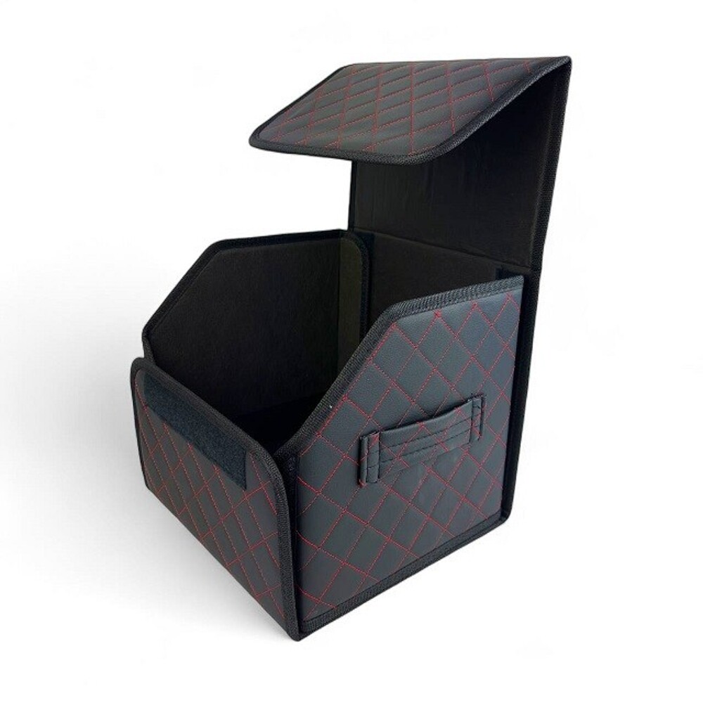 Сумка органайзер в багажник на липучке из эко-кожи, цвет черный с красной строчкой ромб, черный кант (размеры 30*30*30 см) Сумка органайзер в багажник на липучке из эко-кожи, цвет черный с красной строчкой ромб, черный кант (размеры 30*30*30 см)