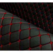 Кожа пвх ромб со стяжком на поролоне 5 мм, самоклейка, цвет черный нитка красная, высота 1,43 м*8м