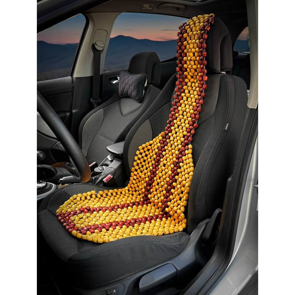 Накидка на сидение деревянная массажная с сеткой и подголовником, цвет светлый лак (127*38см) Накидка на сидение деревянная массажная с сеткой и подголовником, цвет светлый лак (127*38см)