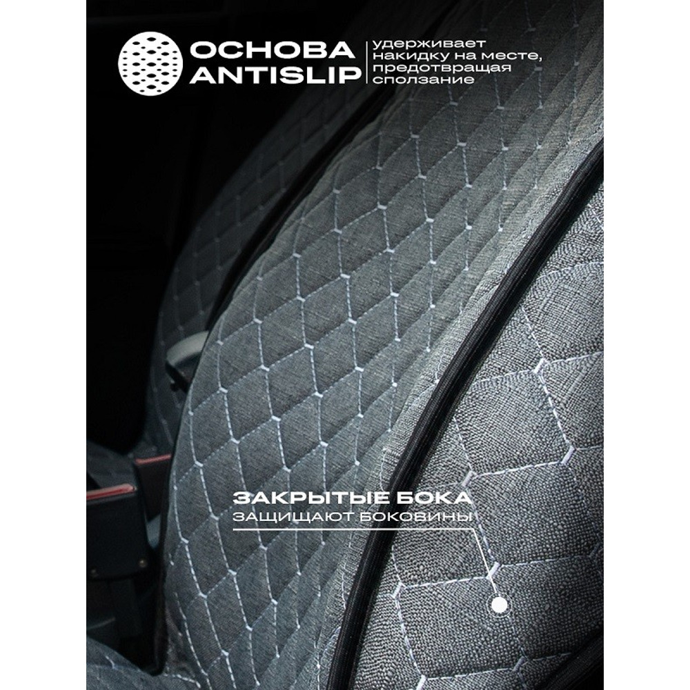 Комплект накидок на весь салон LIGHT PLUS, материал лен, закрытые бока, цвет серый, строчка белая, кант черный Комплект накидок на весь салон LIGHT PLUS, материал лен, закрытые бока, цвет серый, строчка белая, кант черный