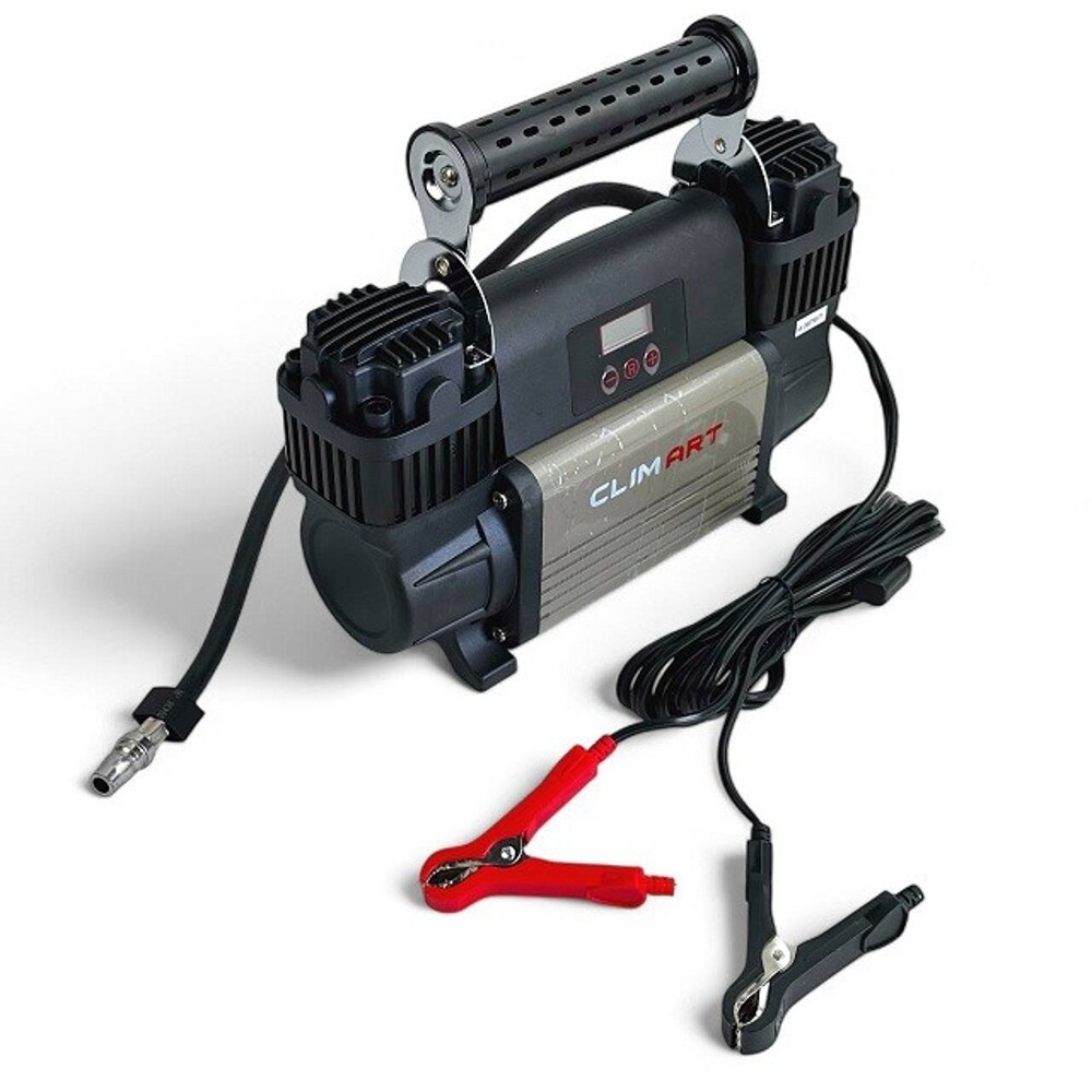 Компрессор 100 л/мин двухпоршневой, питание от акб, витой шланг, сумка-мешок для хранения Компрессор 100 л/мин двухпоршневой, питание от акб, витой шланг, сумка-мешок для хранения