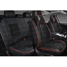 Комплект накидок на весь салон 5D Grand PLUS, ЭкоКожа + текстильная вставка, цвет черный, строчка красная, подушки в комплекте