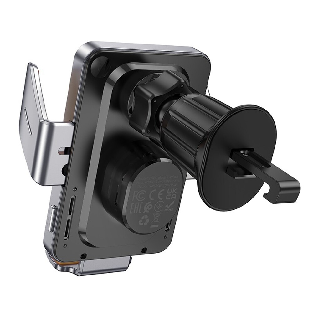 Телефонный держатель в воздуховод, цвет серебро с беспроводной зарядкой, с сенсорным удержанием Телефонный держатель в воздуховод, цвет серебро с беспроводной зарядкой, с сенсорным удержанием
