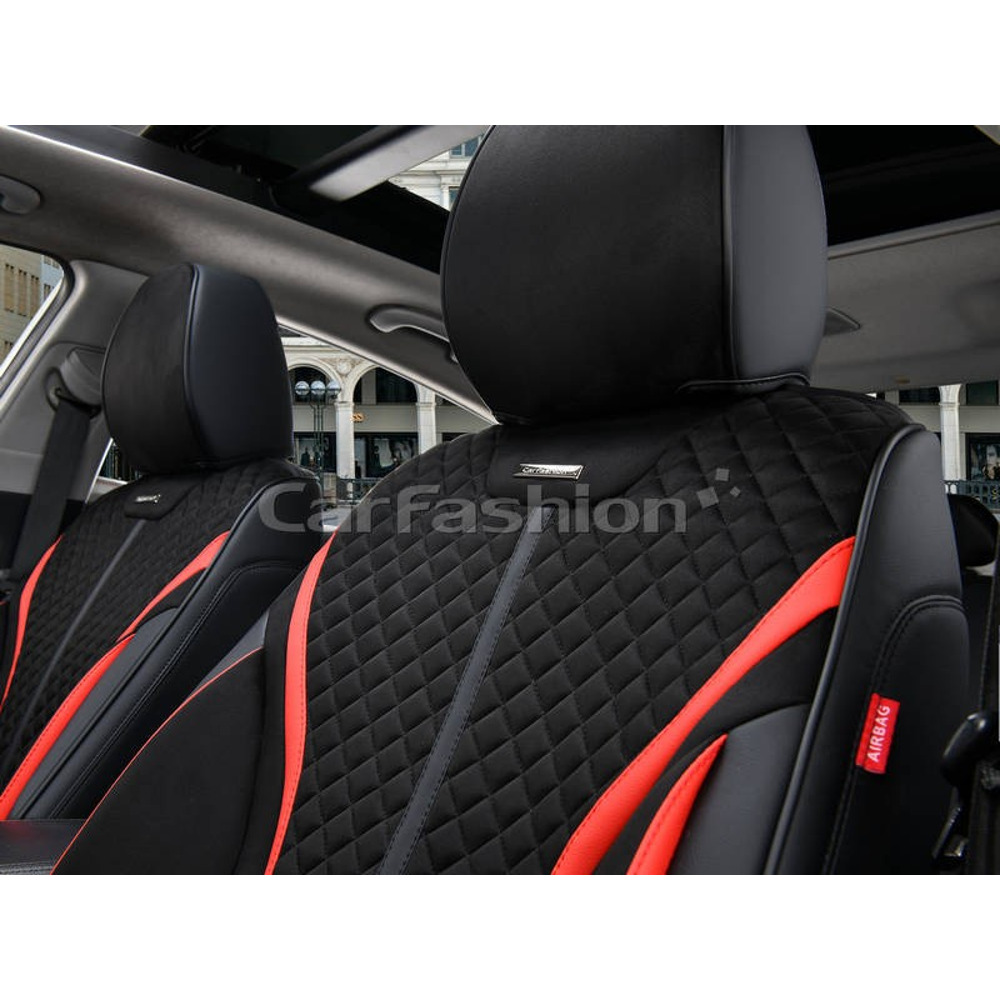 Комплект чехлов на весь салон 5D RIDER PLUS, каркасные цвет черный, строчка черная, кант красный Комплект чехлов на весь салон 5D RIDER PLUS, каркасные цвет черный, строчка черная, кант красный