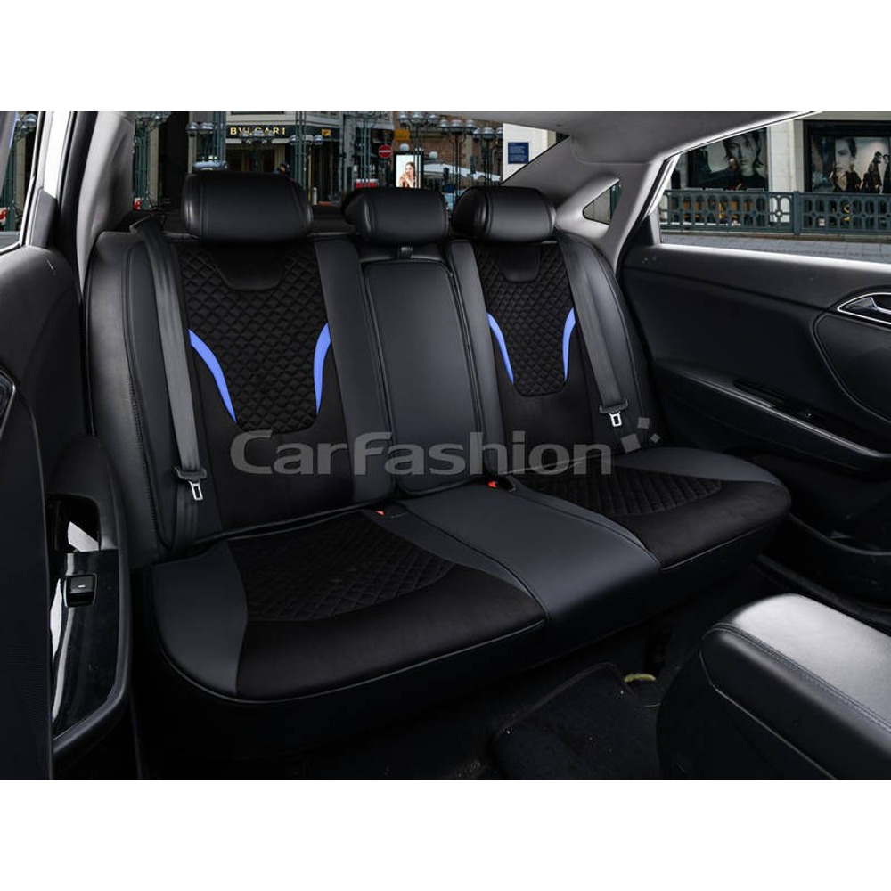 Комплект чехлов на весь салон 5D RIDER PLUS, каркасные цвет черный, строчка черная, кант синий Комплект чехлов на весь салон 5D RIDER PLUS, каркасные цвет черный, строчка черная, кант синий