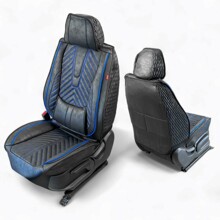 Комплект накидок на весь салон SKIN FORM ECO, ткань мокрая ЭкоКожа, с перфорацией, рисунок косая полоса, цвет черный, строчка синяя, кант черный