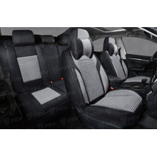 Комплект накидок на весь салон 5D FLAX PLUS, материал лен, с добавлением шелухи гречихи, цвет Черно-Серый, строчка серая, кант черный