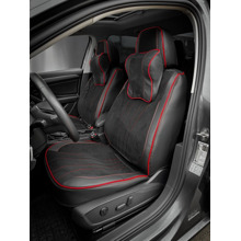 Комплект накидок на весь салон трансформер, алькантара + экоКожа, с перфорацией, подушки для шеи в комплекте, цвет чёрный, строчка красная