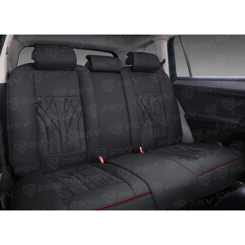 Комплект накидок на весь салон 5D Leader PLUS, ЭкоКожа + алькантара, цвет черный, кант красный подушки для шеи в комплекте Комплект накидок на весь салон 5D Leader PLUS, ЭкоКожа + алькантара, цвет черный, кант красный подушки для шеи в комплекте