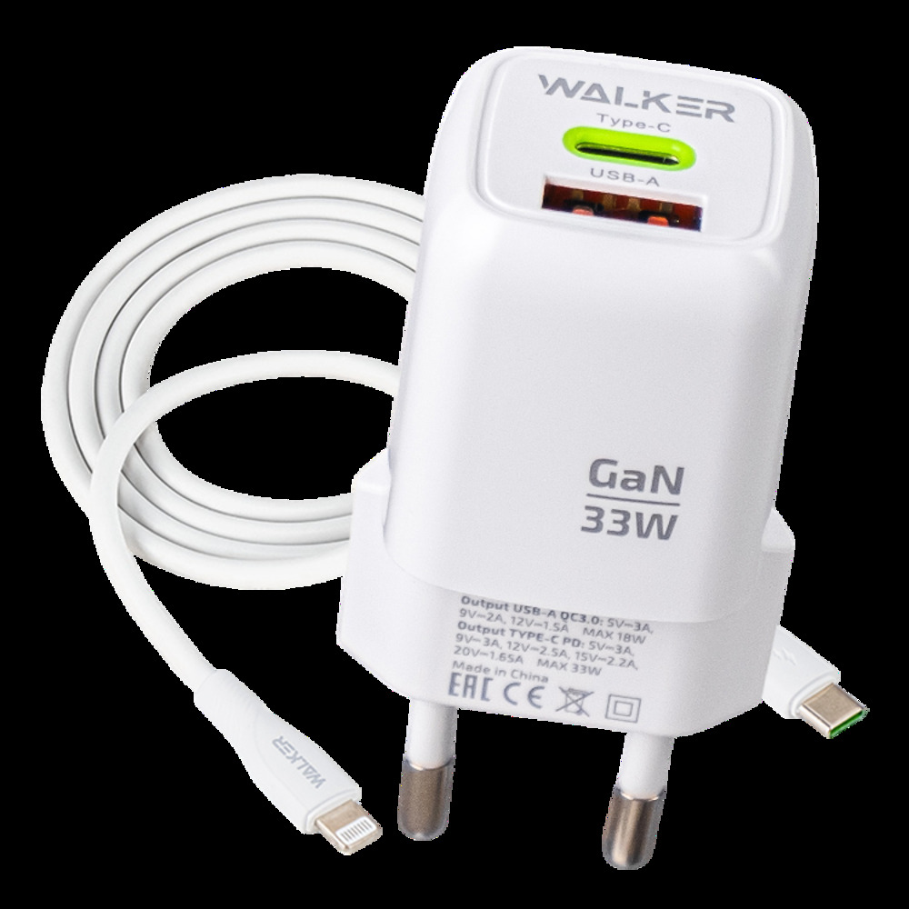 Телефонное сетевое зу 1 usb + 1 type-c, qualcomm quick charge 3.0, usb power delivery, gan, 33 вт, + кабель Type-C-Lightning, цвет белый Телефонное сетевое зу 1 usb + 1 type-c, qualcomm quick charge 3.0, usb power delivery, gan, 33 вт, + кабель Type-C-Lightning, цвет белый