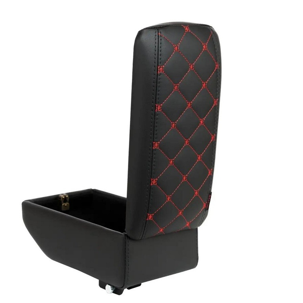 Бокс - подлокотник для лада 1118, красный квадрат, черный, кож.зам. Бокс - подлокотник для лада 1118, красный квадрат, черный, кож.зам.