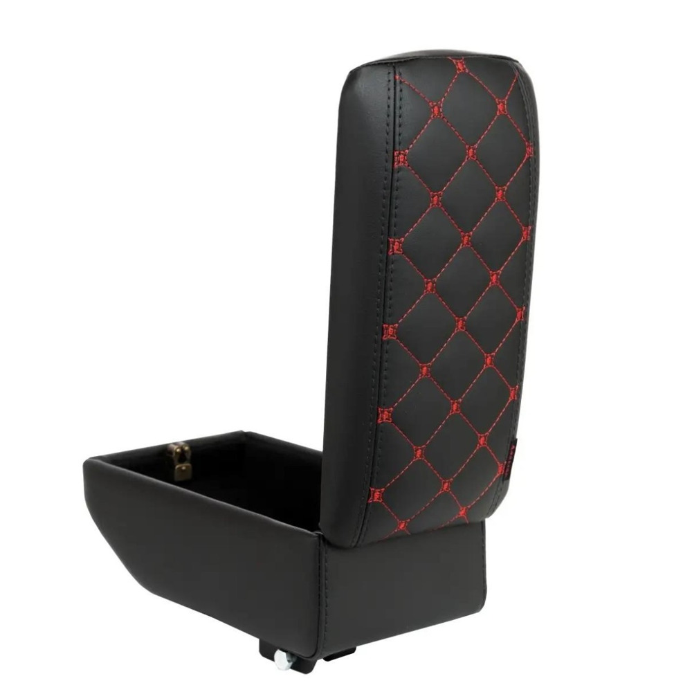 Бокс - подлокотник для лада 2110, красный квадрат, черный, кож.зам. Бокс - подлокотник для лада 2110, красный квадрат, черный, кож.зам.