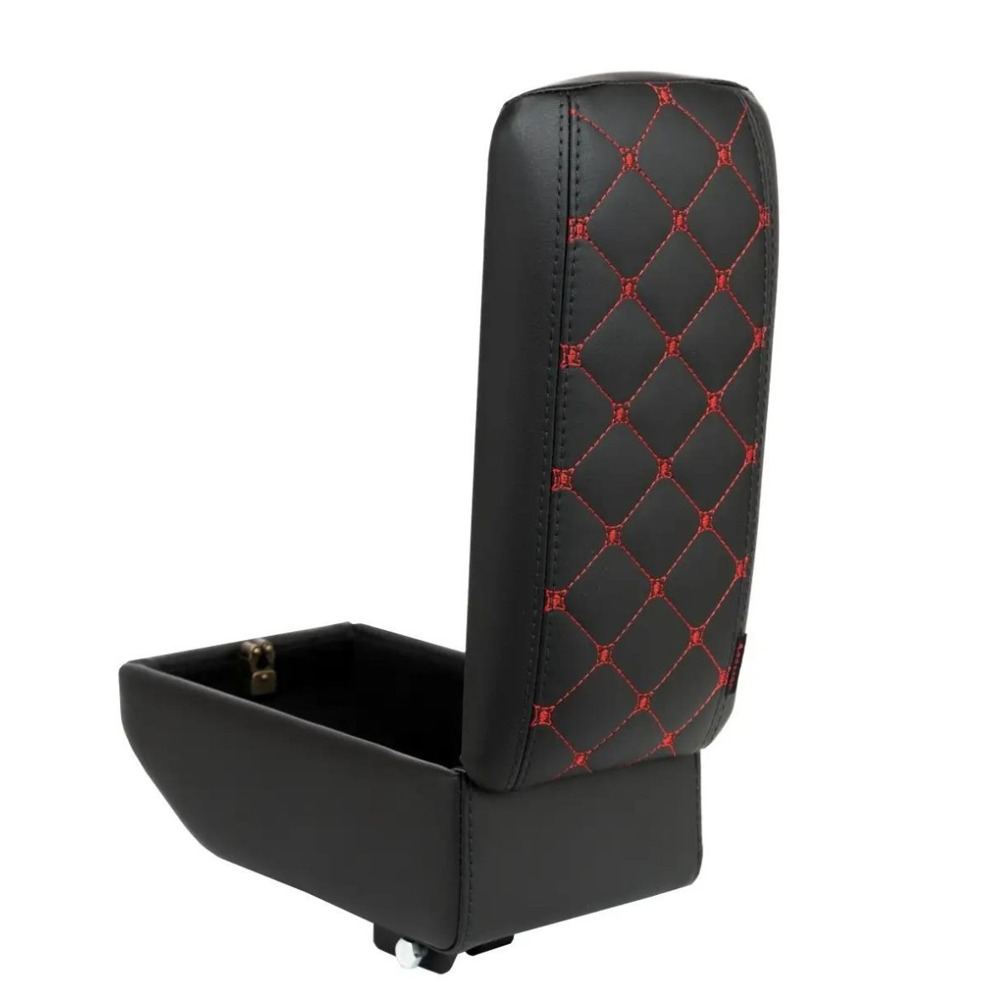 Бокс - подлокотник для лада веста, красный квадрат, черный, кож.зам. Бокс - подлокотник для лада веста, красный квадрат, черный, кож.зам.