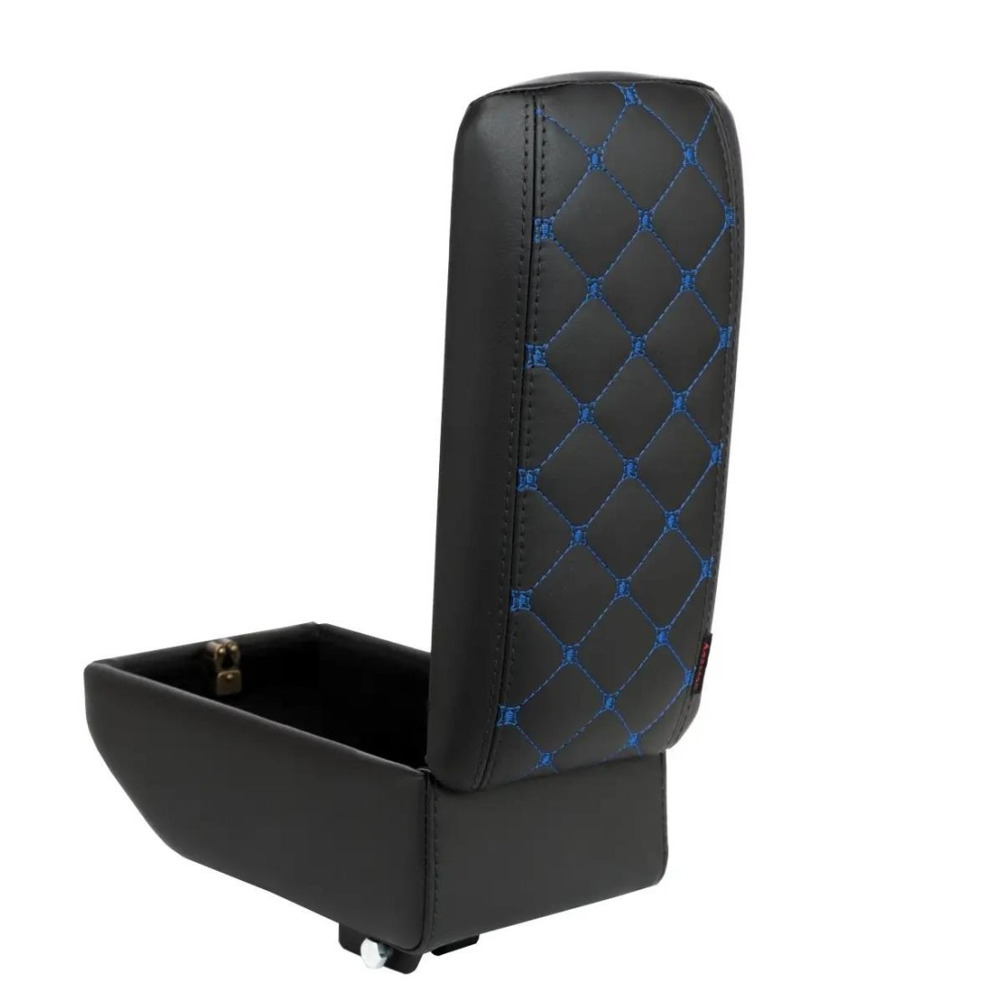 Бокс - подлокотник для лада веста, синий квадрат, черный, кож.зам. Бокс - подлокотник для лада веста, синий квадрат, черный, кож.зам.