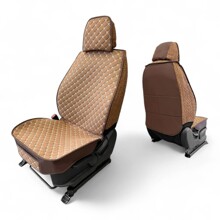 Комплект накидок на весь салон лен звезда ромб plus, закрытые бока-гармошка лен, спинка ЭкоКожа, цвет коричневый, строчка белая, кант коричневый