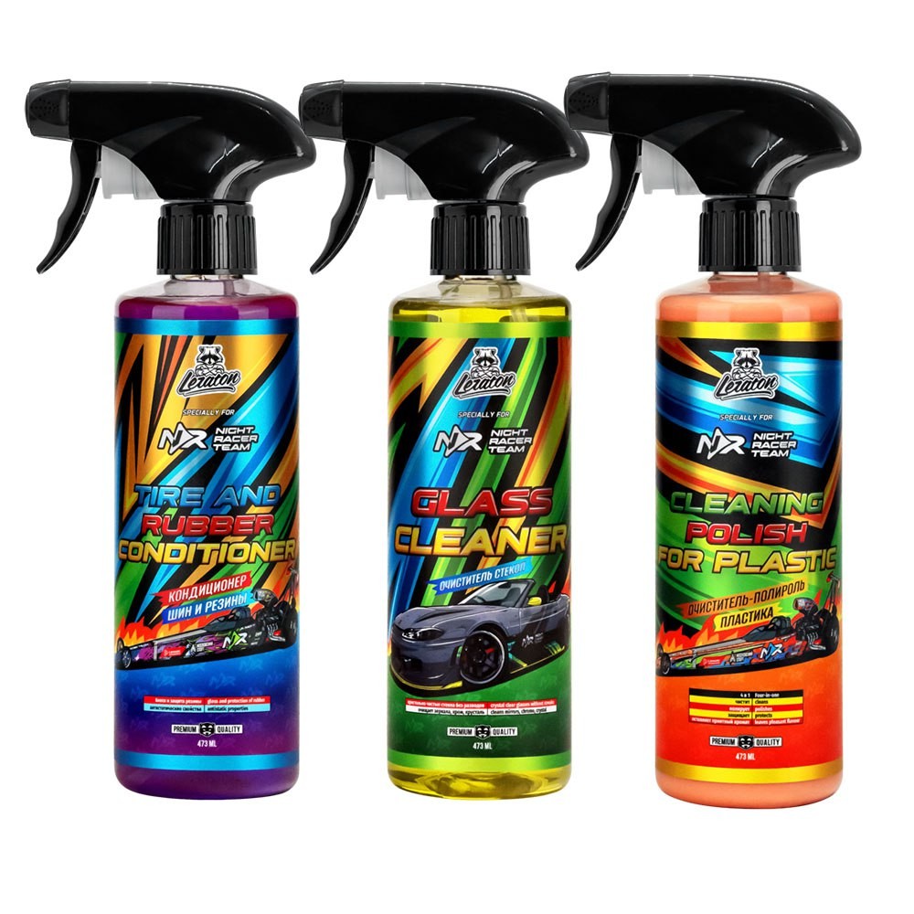 Набор для ухода за автомобилем NIGHT RACER TEAM 3 шт (Очиститель стёкол и зеркал 473 мл, очиститель-полироль пластика 473 мл, кондиционер для шин и резиновых поверхностей 472 мл) Набор для ухода за автомобилем NIGHT RACER TEAM 3 шт (Очиститель стёкол и зеркал 473 мл, очиститель-полироль пластика 473 мл, кондиционер для шин и резиновых поверхностей 472 мл)