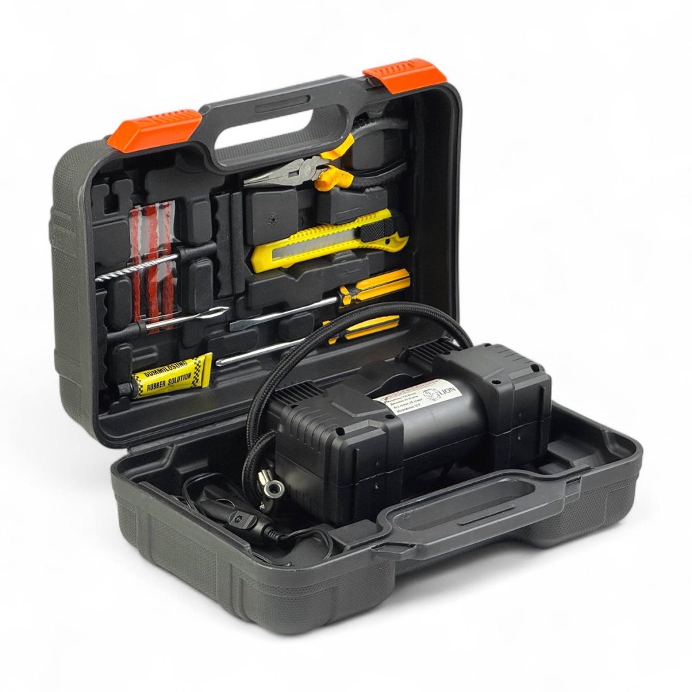 Компрессор 30 л/мин LION 12V цифровой манометр, автостоп, LED-фонарь, двухпоршневой в кейсе с набором инструмент Компрессор 30 л/мин LION 12V цифровой манометр, автостоп, LED-фонарь, двухпоршневой в кейсе с набором инструмент