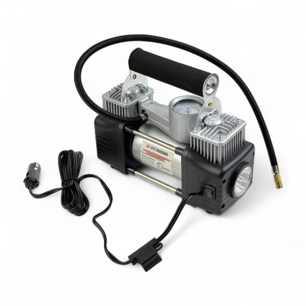 Компрессор 70 л/мин LION двухпоршневой металлический корпус, LED-фонарь, в кейсе с набором инструмент Компрессор 70 л/мин LION двухпоршневой металлический корпус, LED-фонарь, в кейсе с набором инструмент