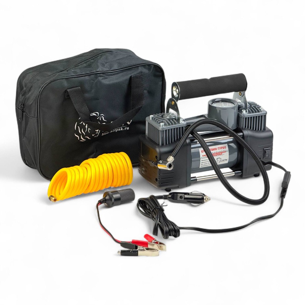 Компрессор 70 л/мин LION двухпоршневой металлический корпус, LED-фонарь, в сумке Компрессор 70 л/мин LION двухпоршневой металлический корпус, LED-фонарь, в сумке
