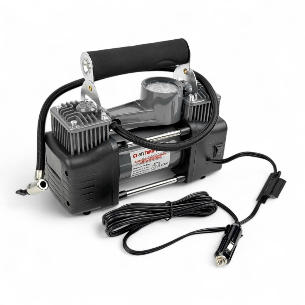 Компрессор 70 л/мин LION двухпоршневой металлический корпус, LED-фонарь, в сумке Компрессор 70 л/мин LION двухпоршневой металлический корпус, LED-фонарь, в сумке