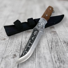 Нож охотничий, деревянная рукоятка с головой льва, коричневый