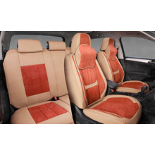 Комплект накидок на весь салон 5D Champion PLUS, ЭкоКожа + алькантара, цвет бежево-оранжевый, кант бежевый, подушки для шеи в комплекте