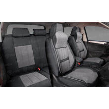 Комплект накидок на весь салон 5D Champion PLUS, ЭкоКожа + алькантара, цвет черно-серый, кант черный, подушки для шеи в комплекте